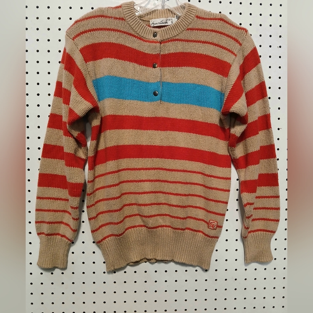 Gloria Vanderbilt Beige and Red Striped Crewneck Sweater